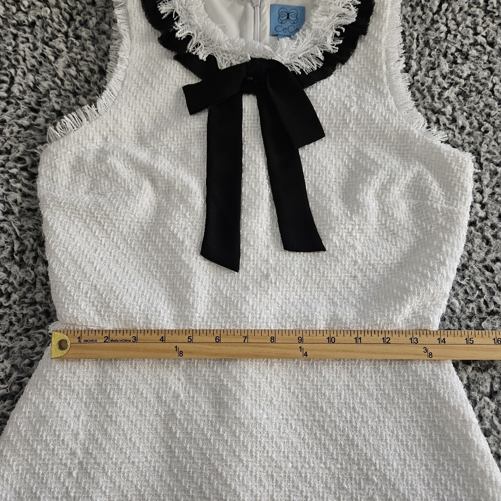 CeCe White Mini Dress Sz 6 M Tweed Sleeveless Black Bow Neck Tie Graduation - Picture 10 of 13